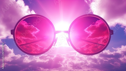  a pair of sunglasses with the sun shining through them in the clouds.  generative ai © Nadia