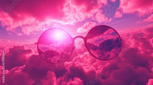  a pair of sunglasses sitting on top of a cloudy sky. generative ai