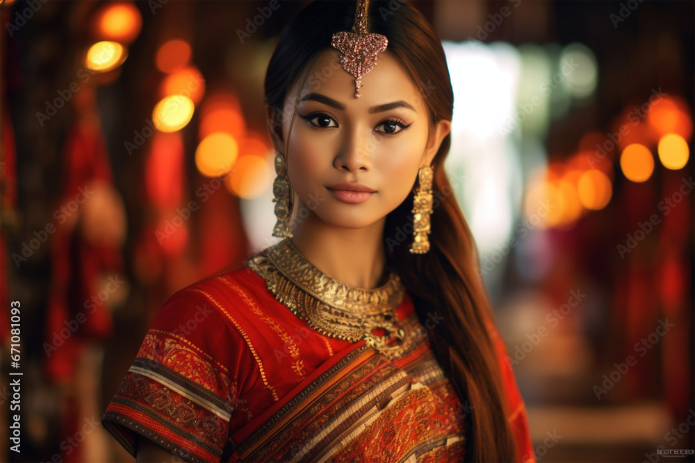 beautiful woman wearing a typical Thai dress