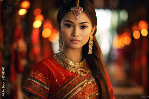beautiful woman wearing a typical Thai dress photo