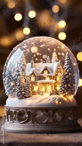 Winter-themed snow globe showcasing lit-up cottage, pine trees in the background, and festive warm lights. Holiday spirit and decor.