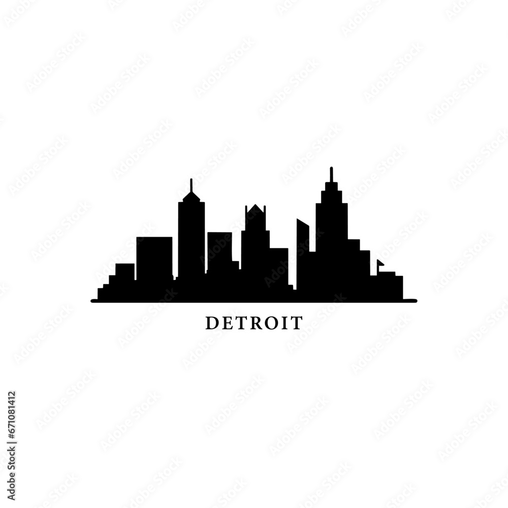 Detroit US Michigan cityscape skyline city panorama vector flat modern logo icon. USA, state of America emblem idea with landmarks and building silhouettes. Isolated black graphic