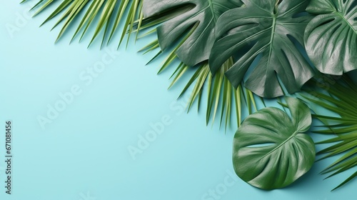  green leaves on a blue background with copy - up space. generative ai