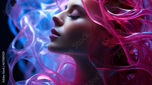 Abstract pink, purple, and blue wavy background with a beautiful woman's face and closed eyes. Illustration, wallpaper.