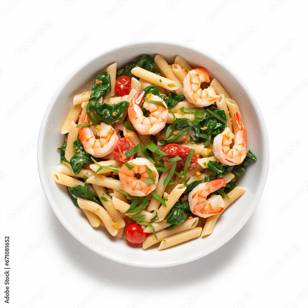 Shrimp pasta in a bowl on isolated white background - ai generative Shrimp pasta in a bowl on isolated white background - ai generative