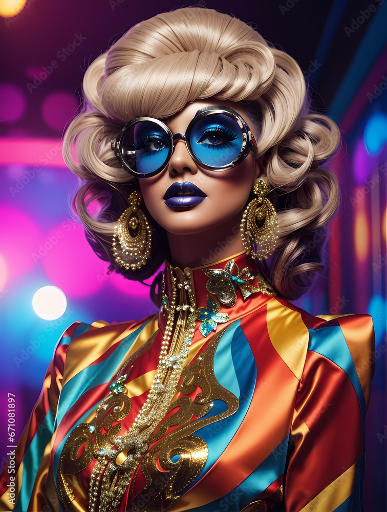 Stylish blonde in shiny dress and sunglasses with stresses. Closeup face of beautiful fashionable woman in white wig. Art portrait of an young attractive model. Fantasy style. Glamour fashion girl Stylish blonde in shiny dress and sunglasses with stresses. Closeup face of beautiful fashionable woman in white wig. Art portrait of an young attractive model. Fantasy style. Glamour fashion girl