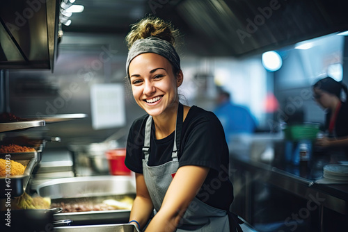 Smiling Female Chef in Apron Preparing Delicious Food in a Kitchen