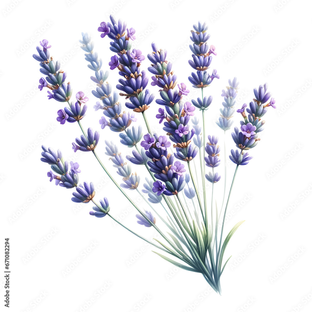 Delicate watercolor lavender flowers in full bloom, shades of purple and blue, white background