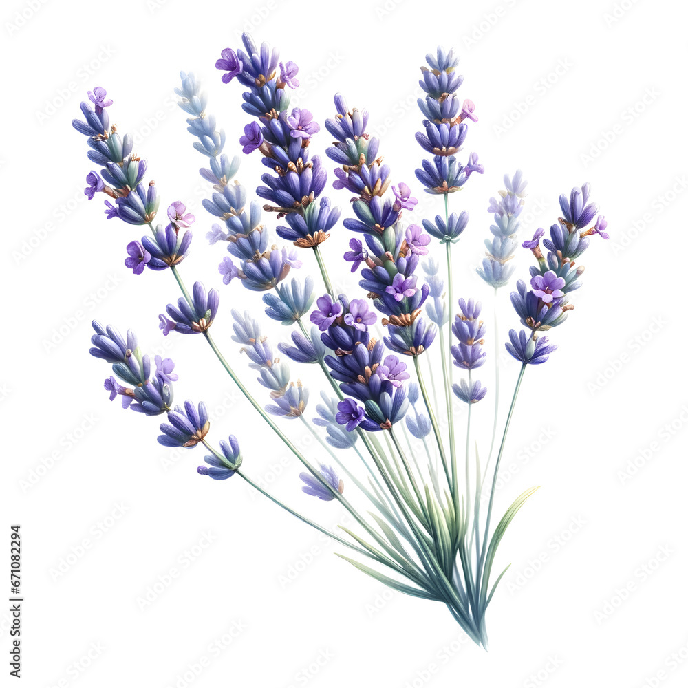 Naklejka premium Delicate watercolor lavender flowers in full bloom, shades of purple and blue, white background