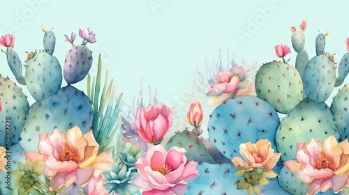  a watercolor painting of a cactus and flowers on a blue background.  generative ai #671082220