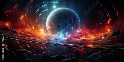 Leinwand Poster Schöne Planetarische Landschaft mit fremden Planeten im Universum, ai generativ