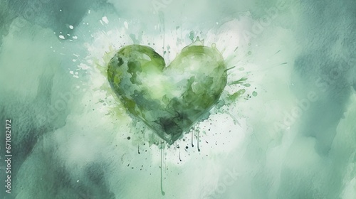  a painting of a green heart on a green and white background. generative ai