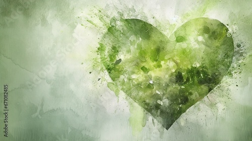  a green heart shaped painting on a green background with watercolor stains. generative ai