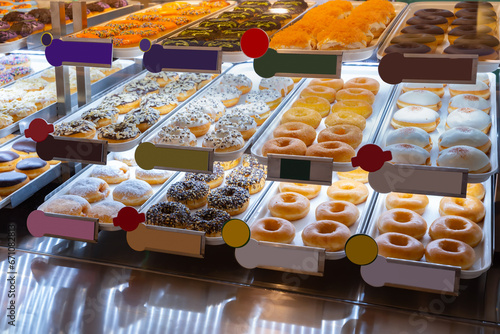 Assorted fresh donuts on display racks at the donut shop.Display of delicious pastries with assorted glazed donuts in shop.Various donuts on shelf in Bakery.Colorful flavor donuts with coating,topping photo