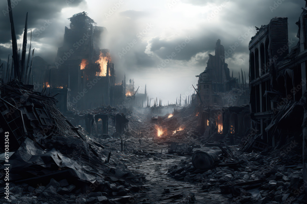 War-Torn Cityscape, Haunting Ruins of a Once-Thriving Metropolis War-Torn Cityscape, Haunting Ruins of a Once-Thriving Metropolis