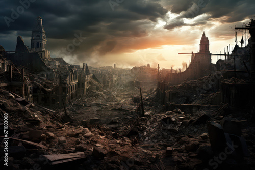 War-Torn Cityscape, Haunting Ruins of a Once-Thriving Metropolis photo
