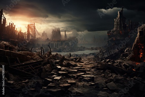 War-Torn Cityscape, Haunting Ruins of a Once-Thriving Metropolis