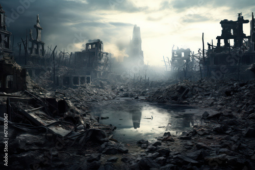 War-Torn Cityscape, Haunting Ruins of a Once-Thriving Metropolis