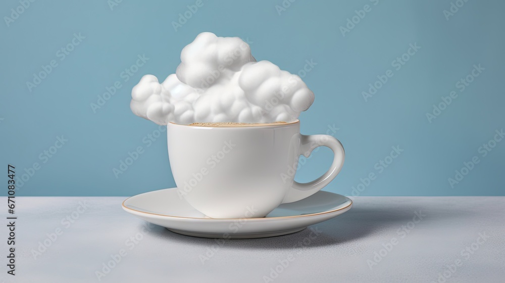 a white cup filled with white foam sitting on top of a saucer. generative ai a white cup filled with white foam sitting on top of a saucer. generative ai