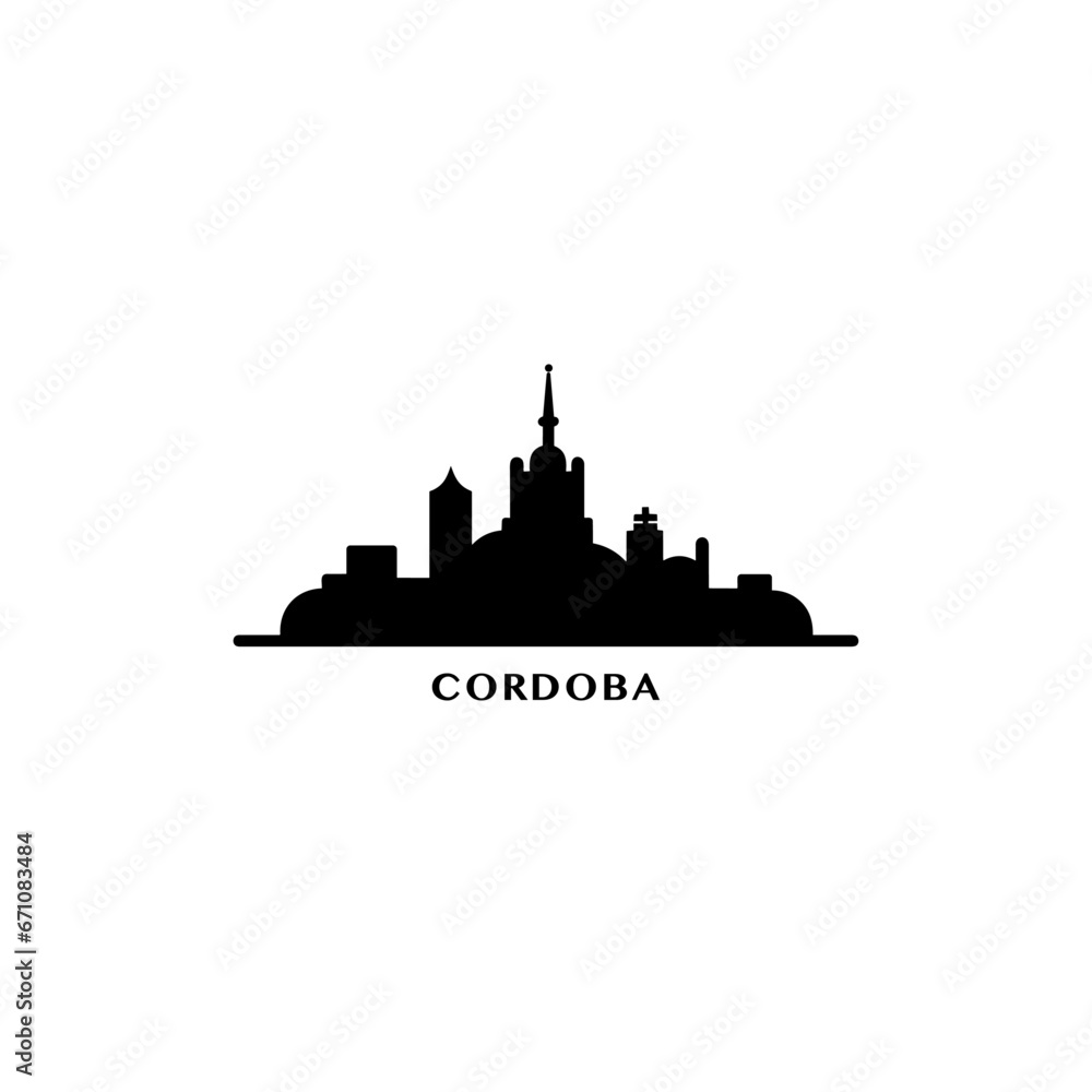 Argentina Cordoba cityscape skyline city panorama vector flat modern logo icon. South America region emblem idea with landmarks and building silhouettes. Isolated black solid shape graphic