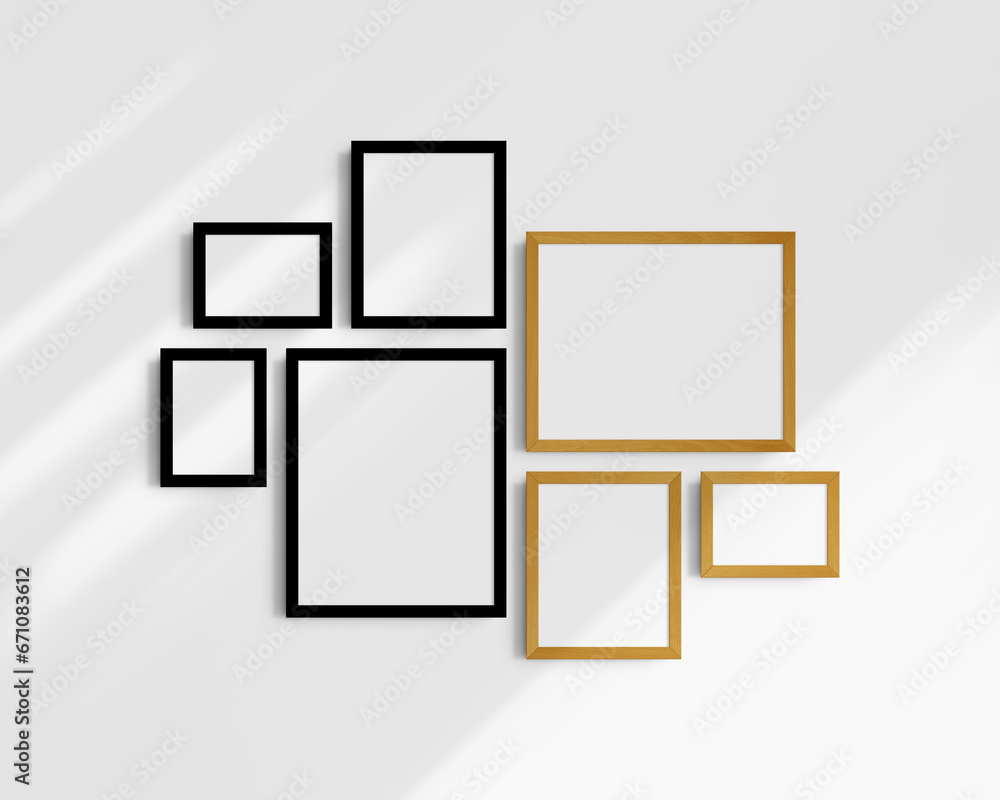 Gallery wall mockup set, 7 black and yellow oak frames. Modern frame mockup. Horizontal, vertical frames, 5x7 (5:7), 7x5 (7:5), 8x10 (4:5), 12x15 (4:5), 15x12 (5:4) inches. White wall with shadows. Gallery wall mockup set, 7 black and yellow oak frames. Modern frame mockup. Horizontal, vertical frames, 5x7 (5:7), 7x5 (7:5), 8x10 (4:5), 12x15 (4:5), 15x12 (5:4) inches. White wall with shadows.