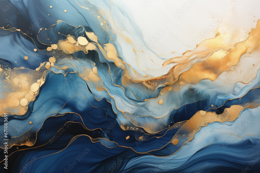 Abstract blue wave with gold lines watercolor texture painting, Generative Ai - obrazy, fototapety, plakaty 