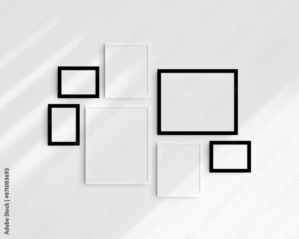 Gallery wall mockup set, 7 black and white frames. Modern frame mockup. Horizontal, vertical frames, 5x7 (5:7), 7x5 (7:5), 8x10 (4:5), 12x15 (4:5), 15x12 (5:4) inches. White wall with shadows. Gallery wall mockup set, 7 black and white frames. Modern frame mockup. Horizontal, vertical frames, 5x7 (5:7), 7x5 (7:5), 8x10 (4:5), 12x15 (4:5), 15x12 (5:4) inches. White wall with shadows.