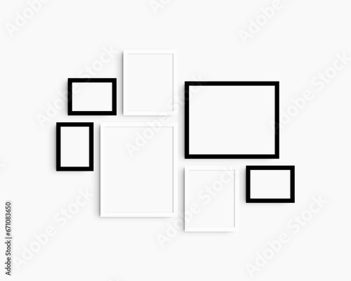 Gallery wall mockup set, 7 black and white frames. Modern frame mockup. Horizontal, vertical frames, 5x7 (5:7), 7x5 (7:5), 8x10 (4:5), 12x15 (4:5), 15x12 (5:4) inches. White wall.