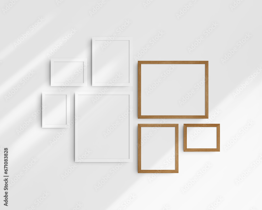 Gallery wall mockup set, 7 white and cherry wood frames. Modern frame mockup. Horizontal, vertical frames, 5x7 (5:7), 7x5 (7:5), 8x10 (4:5), 12x15 (4:5), 15x12 (5:4) inches. White wall with shadows. Gallery wall mockup set, 7 white and cherry wood frames. Modern frame mockup. Horizontal, vertical frames, 5x7 (5:7), 7x5 (7:5), 8x10 (4:5), 12x15 (4:5), 15x12 (5:4) inches. White wall with shadows.