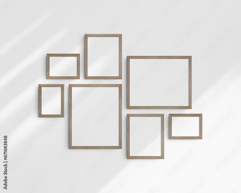 Gallery wall mockup set, 7 natural wood frames. Modern frame mockup. Horizontal, vertical frames, 5x7 (5:7), 7x5 (7:5), 8x10 (4:5), 12x15 (4:5), 15x12 (5:4) inches. White wall with shadows. Gallery wall mockup set, 7 natural wood frames. Modern frame mockup. Horizontal, vertical frames, 5x7 (5:7), 7x5 (7:5), 8x10 (4:5), 12x15 (4:5), 15x12 (5:4) inches. White wall with shadows.