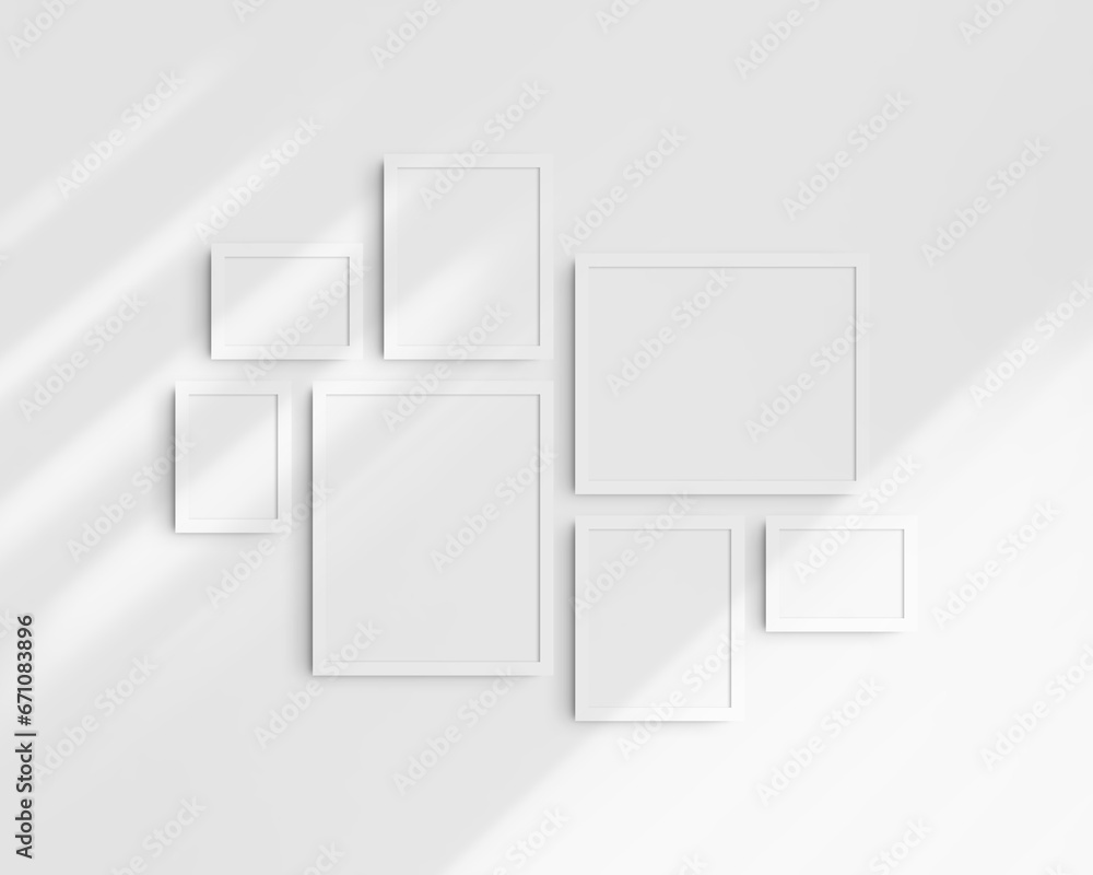 Gallery wall mockup set, 7 white frames. Modern frame mockup. Horizontal, vertical frames, 5x7 (5:7), 7x5 (7:5), 8x10 (4:5), 12x15 (4:5), 15x12 (5:4) inches. White wall with shadows. Gallery wall mockup set, 7 white frames. Modern frame mockup. Horizontal, vertical frames, 5x7 (5:7), 7x5 (7:5), 8x10 (4:5), 12x15 (4:5), 15x12 (5:4) inches. White wall with shadows.