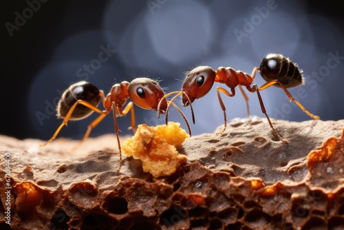 Closeup of a group of industrious ants meticulously stealing human food.