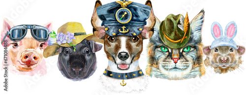 Border from watercolor portraits of dog, guinea pig, cat, mini pig, and rat photo