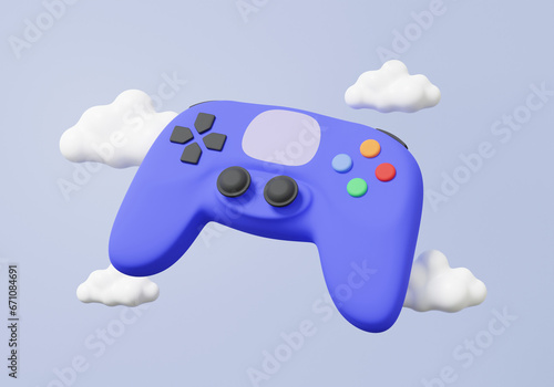 Purple game joystick controllers console icon. clouds floating on pastel background. entertainment analog video gaming concept. minimal cartoon cute smooth, e-sport. 3d render illustration