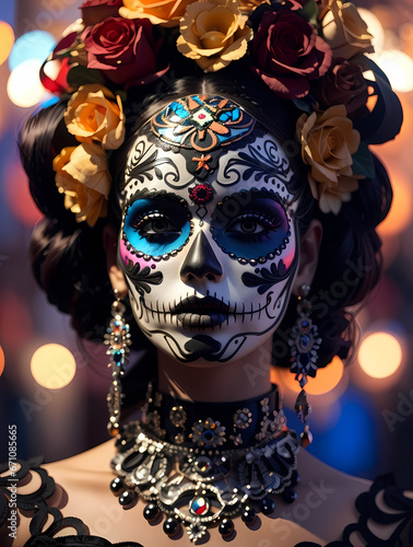 Portrait of a woman with sugar skull makeup over black background. Halloween costume and make-up. Portrait of Calavera Catrina © wasan