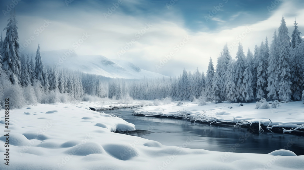 winter landscape in the mountains, snow covered trees, frozen river winter landscape in the mountains, snow covered trees, frozen river