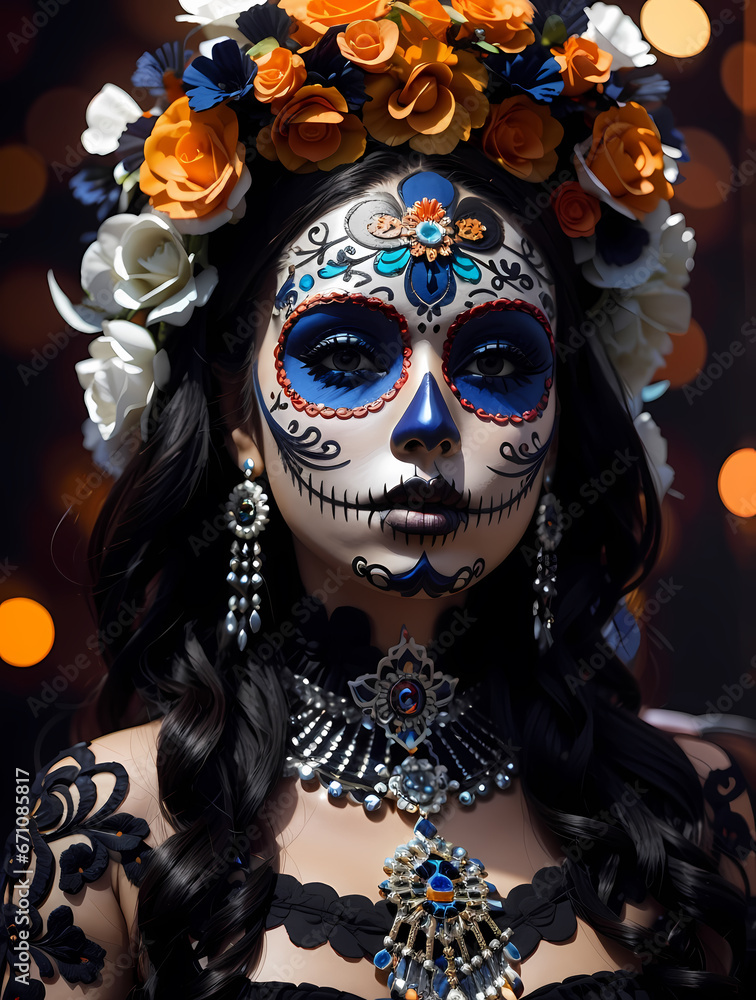 Portrait of a woman with sugar skull makeup over black background. Halloween costume and make-up. Portrait of Calavera Catrina