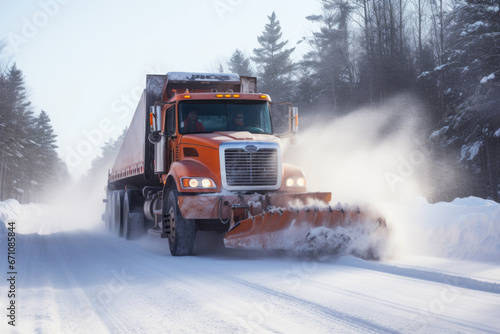 Snow plow truck cleaning snow on the road in winter during heavy snowstorm 