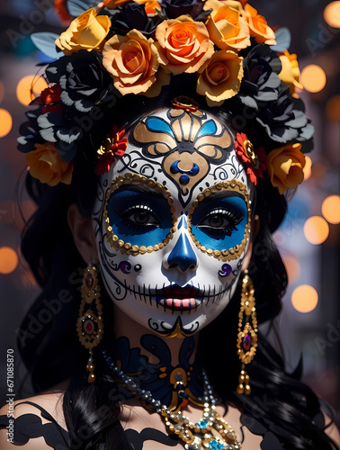 Portrait of a woman with sugar skull makeup over black background. Halloween costume and make-up. Portrait of Calavera Catrina