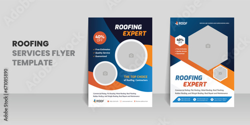 Roofing services flyer template with home repair leaflet design
