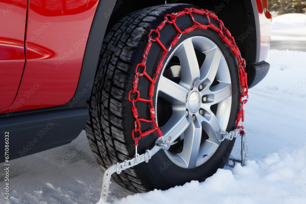 Car tire with mounted snow chains for winter season close up