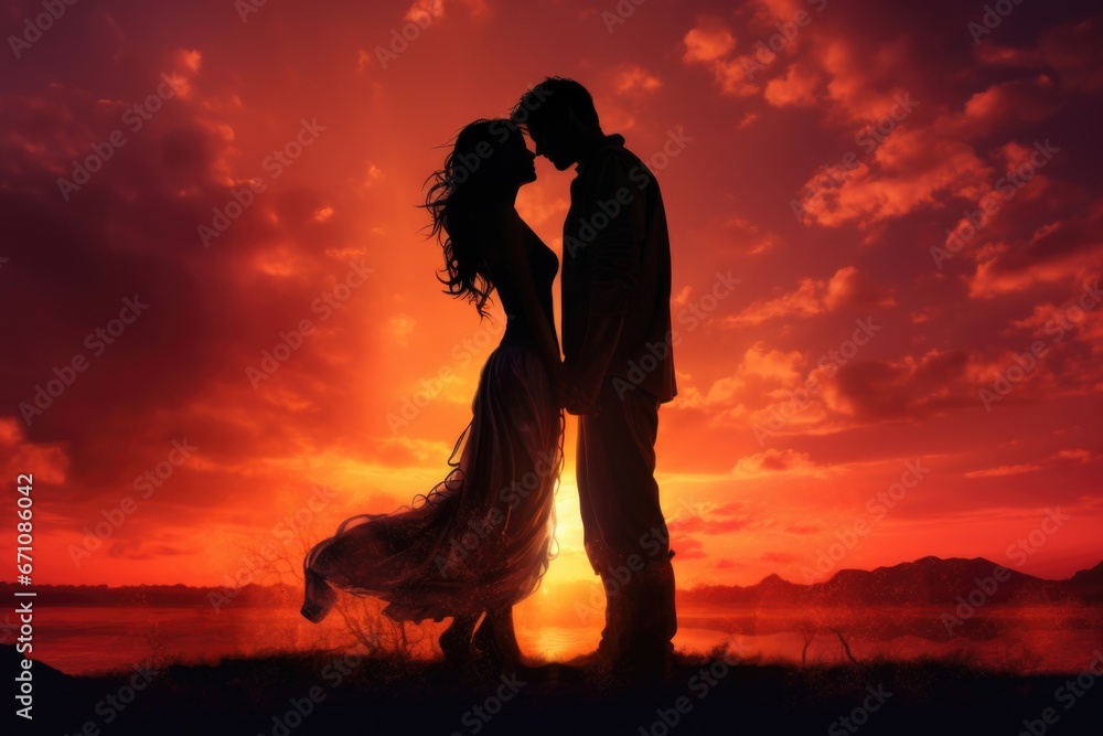 Dramatic sunset scene with couple's silhouette, showcasing deep hues and intricate cloud patterns. Love amidst nature's beauty.
