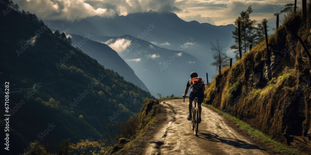 Fototapeta premium Woman on mountain bike, riding down hillside.