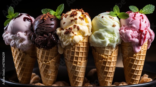  five ice cream cones with chocolate, vanilla, and mint sprinkles. generative ai