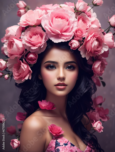 Portrait of young beautiful woman with stylish make-up and wig of roses