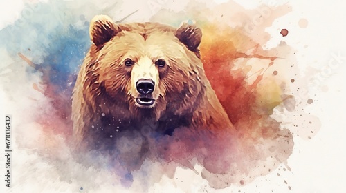  a brown bear is standing in the watercolor paint splattered background.  generative ai © Shanti