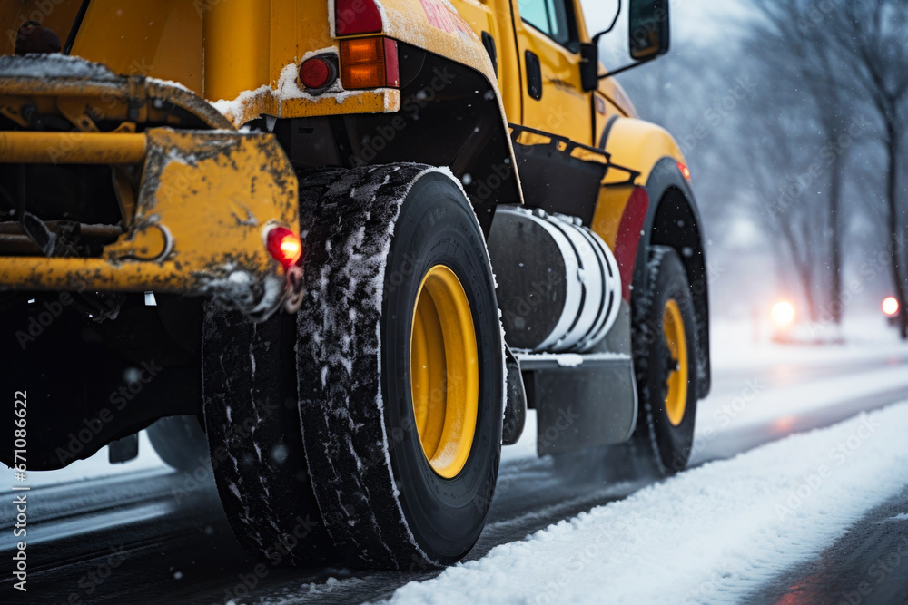 Snow plow truck cleaning snow on the road in winter during heavy snowstorm Snow plow truck cleaning snow on the road in winter during heavy snowstorm