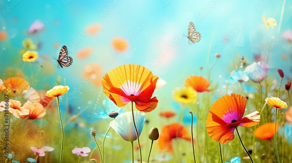  a field full of colorful flowers and a butterfly flying over it.  generative ai