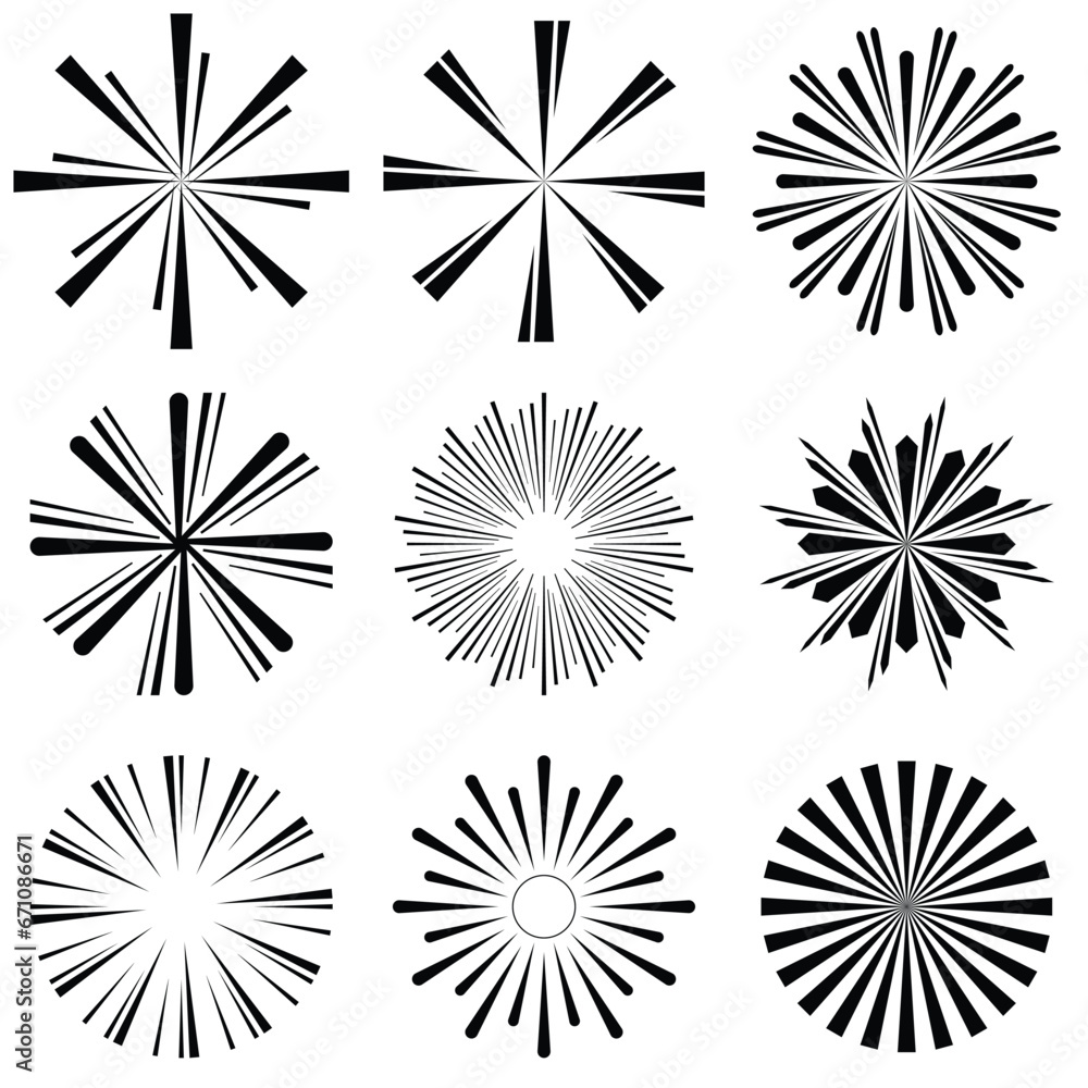 Set of sunburst element radial stripes background. Sun burst icon collection. Retro sunburst design. Sunburst element.  Vector illustration.
