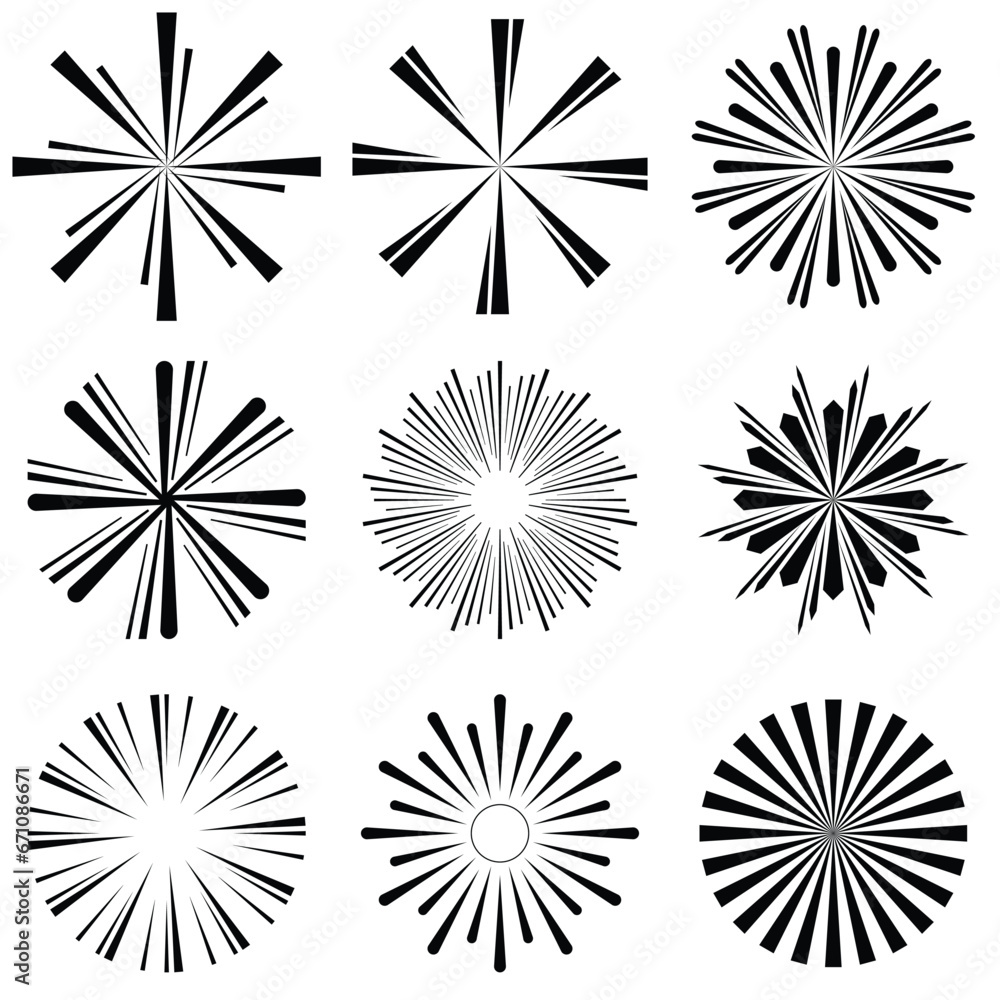 Set of sunburst element radial stripes background. Sun burst icon collection. Retro sunburst design. Sunburst element. Vector illustration. Set of sunburst element radial stripes background. Sun burst icon collection. Retro sunburst design. Sunburst element. Vector illustration.